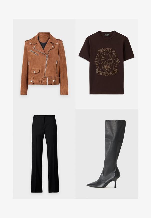 Bruine suède motorjack met zilveren hardware, ritszakken, een ceintuur in de taille en klassieke notch kraag. De gestructureerde afwerking voegt diepte toe.; Zwarte T-shirt van katoen, met een schedelafbeelding omlijnd met gouden studs en de tekst "Zadig & Voltaire", korte mouwen en ronde hals.; Zwarte rechte broek van gladde stof, met een platte voorkant, riemlussen en zonder zichtbare zakken of versieringen.; Kniehoge zwarte leren laarzen met een spitse neus en een slanke stilettohak. Glad textuur met een aansluitend ontwerp en stiksels aan de bovenrand.