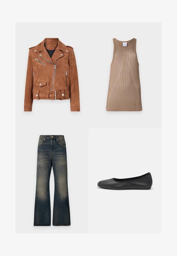 Pruunist nubukist mootorratturi jakk hõbedaste detailide, lukuga taskute, vööde ja klassikalise lõhnaalusega. Tekstureeritud viimistlus annab sügavust.; Bež, ilma varrukateta kudum, ribitud tekstuuriga, A-line kujuga ja delikaatsete diagonaallõike detailidega.; Tumed sinised flared teksapüksid, millel on pleekinud pesu, viie tasku, nööbiga kinnitamine ja kontrastsete õmbluste detailid.; Musthave mustika tantsutossud mustast nahast, ümmarguse varbaga, siledast tekstuurist, minimaalse õmblusdetailiga ja paindliku tallakujundusega.