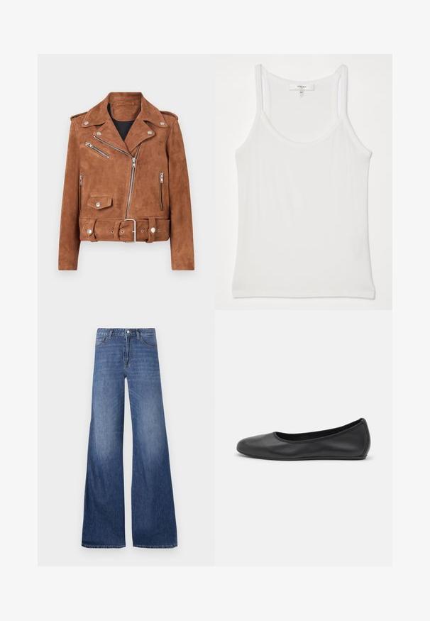 Barna velúr motoros dzseki ezüst hardware-ral, cipzáras zsebekkel, övvel ellátott derékkal és klasszikus kivágott gallérral. A textúrázott felület mélységet ad.; Fehér ujjatlan topp, puha, bordázott szövetből; vékony pántokkal és kerek nyakkivágással rendelkezik, a címke szerint "FRAME."; Széles szárú farmernadrág közepes kék mosással, öt zsebbel, övhurkokkal és gombos záródással. Simaság jellemzi enyhe kopással.; Fekete bőr balettcipő lekerekített orral, sima tekstúrával, minimális varrással és rugalmas talp kialakítással.