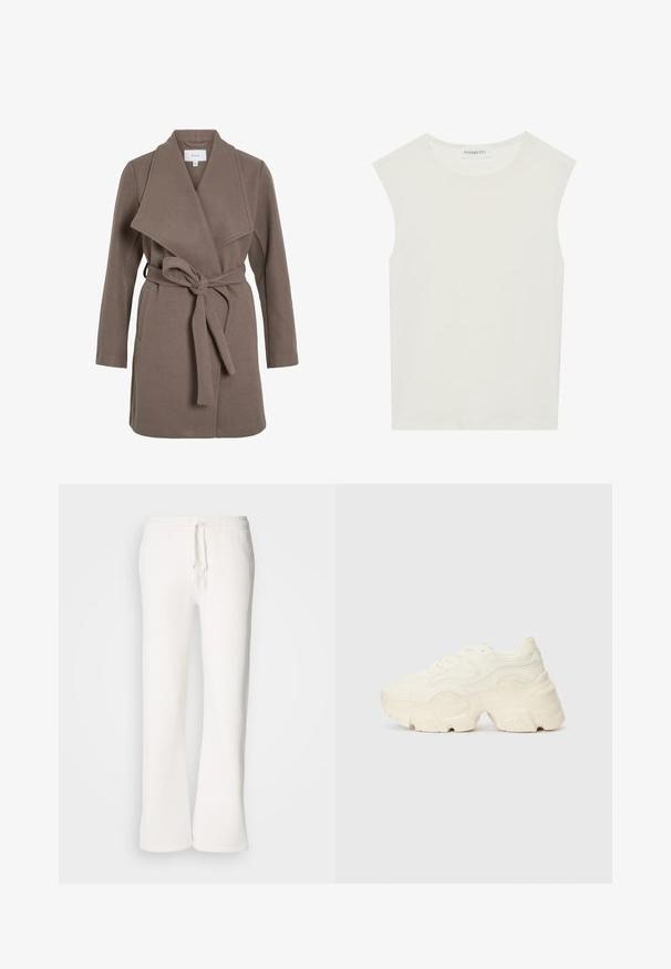 Barna övvel ellátott kabát széles hajtókával, puha anyagból készült. Két elülső zsebbel és laza szabással rendelkezik. Sima textúra és egyszerű dizájn jellemzi.; Fehér ujjatlan felső, kerek nyakkivágással. Simább anyagból készült, laza fazonnal és minimalista kialakítással rendelkezik. Nincsenek minták vagy díszítések.; Fehér, laza szabású melegítőnadrág, puha anyagból készült, rugalmas derékkal és zsinórral, egyenes szárú kialakítással.; Tömbös fehér sneakers, amely texturált hálóból és szintetikus anyagokból készült, vastag talppal és bonyolult mintázattal az oldalakon.