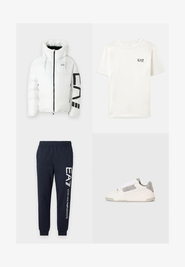 Bijela puffer jakna s kapuljačom, s punim zatvaračem, crnim detaljima i prekomjernim natpisom na lijevoj rukavu. Glatka, sjajna tekstura.; Bijela pamučna majica s kratkim rukavima, okruglim izrezom i malim crnim EA7 logom na lijevoj strani grudnog koša. Glatka tekstura, standardni kroj.; Tamno plave pamučne joggers hlače s elastičnim pojasom, sužene nogavice i kontrastni bijeli EA7 i Emporio Armani logotipi otisnuti uz bočnu stranu.; Bijele i svijetložute niske tenisice sa bijelim vezicama i akcentima od sued kože, prikazane sa strane na jednostavnoj svijetloj pozadini.