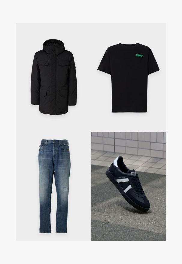 G-STAR VODAN PARKA - Parka - black; Crna majica kratkih rukava od pamuka. Na prednjem dijelu se nalazi zeleni "ROOTS" logo, okrugli izrez i standardni kroj.; Traperice u izblijedelo plavoj boji, ravnog kroja, s umjerenim oštećenjima sprijeda i klasičnim pet džepovima.; Crne kožne tenisice s bijelim prugama, strukturirana gumena potplate i vezanjem sprijeda. Ima oznaku brenda na jeziku.