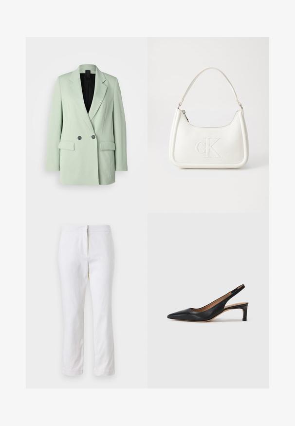 Blazer verde deschis cu un design cu două rânduri de nasturi, rever cu tăietură, două buzunare frontale și căptușeală interioară neagră.; Tricou alb scurt, cu mâneci scurte și largi, din bumbac moale, cu decolteu rotund și un finisaj subtil portocaliu, design minimalist, fără modele sau grafice.; Pantaloni din bumbac alb, cu un design drept, având talie medie și fără hardware sau modele vizibile. Textură uniformă pe întreaga suprafață.; Pantofii slingback din piele neagră, cu vârf ascuțit, toc jos și o textură netedă. Prezintă o curea subțire, ajustabilă, pentru o fixare sigură.; Geantă de umăr din piele albă cu formă curbată, având un logo "CK" embosat pe partea din față și un singur braț de umăr. Închidere cu fermoar în partea de sus.