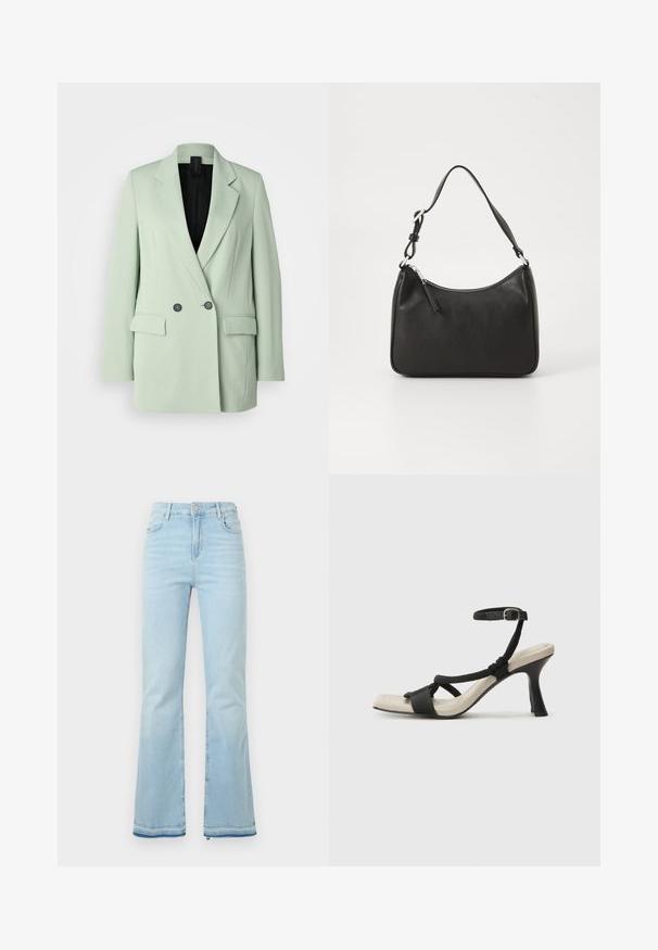 Ljusgrön kavaj med dubbelknäppt design, snedskurna slag, två framfickor och svart inredning.; Vit kortärmad T-shirt, korta vida ärmar, mjukt bomullsmaterial, rund halsringning med subtila orange detaljer, minimal design, inga mönster eller grafik.; Ljusblå utsvängda jeans i denim med hög midja, framfickor och rå kant vid bensluten för en avslappnad stil.; Svart klacksandaler med flätad remdesign, fyrkantig tå och justerbar vristrem. Ljusbeige fotbädd med glansig svart klack.; Svart läderhandväska med en böjd form, en enda rem, dragkedjestängning och subtil märkning på framsidan. Slät yta, minimalistisk design.