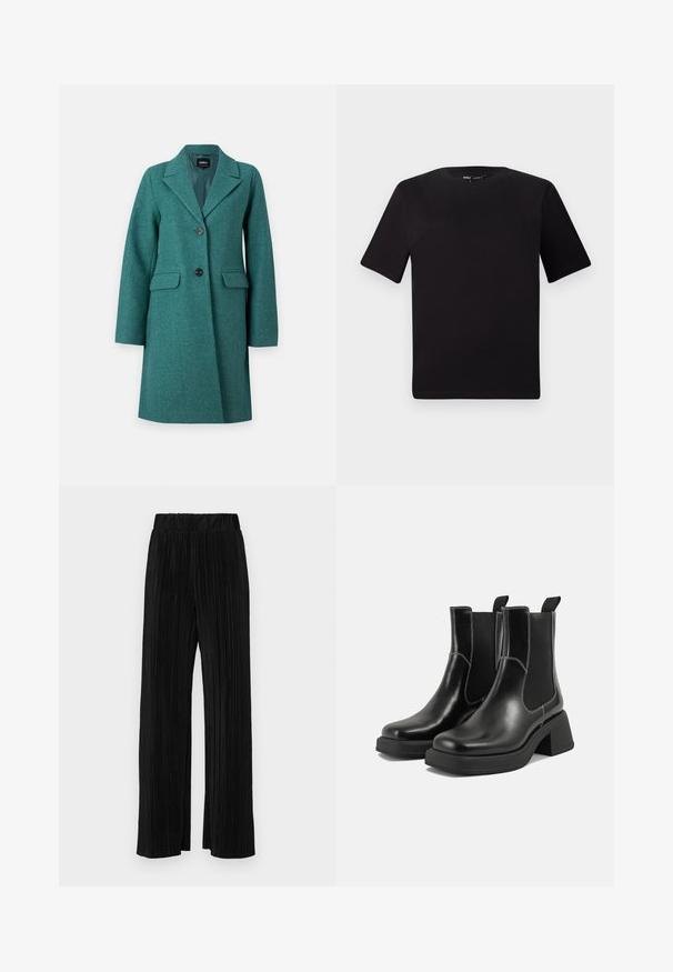 ONLY ONLBLAKE OVERSIZE COAT - Klassischer Mantel - bayberry; Schwarzes T-Shirt mit kurzen Ärmeln und Rundhalsausschnitt, aus weichem Baumwollmaterial gefertigt. Schlichtes Design, keine sichtbaren Logos oder Muster.; Schwarze plissierte Hose mit elastischem Bund. Verfügt über weite Hosenbeine und einen glatten, strukturierten Stoff mit vertikalen Streifen.; Schwarze Leder Chelsea-Stiefel mit einem klobigen Absatz, elastischen seitlichen Einsätzen und kontrastierendem weißen Nähten. Strukturierte Oberfläche.