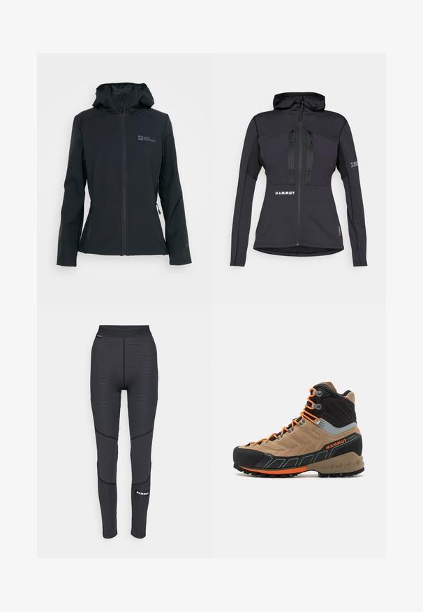 Sort softshell jakke med lynlås foran, justerbar hætte og to lynlåslommer. Har et logo på brystet og struktureret stof.; Sort sportjakke med hætte, der har lynlås lommer og et struktureret panel på ærmerne. Logo på forsiden og ærmet. Materialet er designet til fleksibilitet.; Sort ærmeløs skjorte med et tekstureret mønster, der har en rund halsudskæring og et "MAMMUT" logo på forsiden. Fremstillet af åndbart materiale.; Sorte atletiske leggings med strukturerede paneler og forstærket syning, med et mærke-logo og en bred, elastisk talje.; Beige og sort højtop vandrestøvle med orange snørebånd, gummitåhætte, struktureret overdel og robust sål. Har forstærket ankelstøtte.