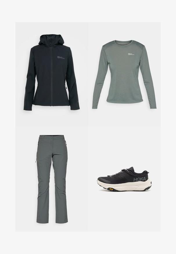 Casaco softshell preto com fecho à frente, capuz ajustável e dois bolsos com fecho. Apresenta um logótipo no peito e um tecido texturizado.; Camisola de manga longa em verde suave, feita de tecido leve e texturizado. Possui decote arredondado e um pequeno logótipo no lado esquerdo do peito.; Calças de exterior cinzas feitas de um tecido leve e texturizado; apresentam bolsos com fecho e um design ajustado com corte reto.; Ténis de desporto pretos com um cabedal em malha respirável, sola de borracha, entressola branca com amortecimento e atacadores refletivos. Logótipo Vibram na sola.