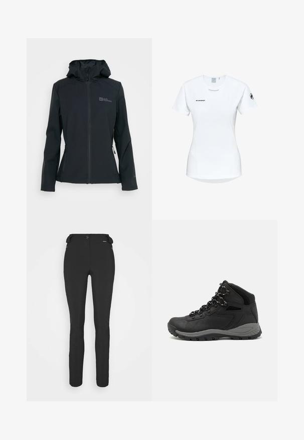 Giacca softshell nera con zip davanti, cappuccio regolabile e due tasche con zip. Presenta un logo sul petto e un tessuto testurizzato.; Maglietta atletica bianca a maniche corte con colletto rotondo, dotata di un logo sul petto e una texture di tessuto liscia e leggera.; Pantaloni neri aderenti realizzati in materiale flessibile. Presentano una tasca laterale con zip, ginocchia articolate e una texture liscia.; Stivale da trekking nero con design a metà altezza, dotato di una tomaia texturizzata, accenti grigi e suola in gomma resistente con tasselli per la trazione.