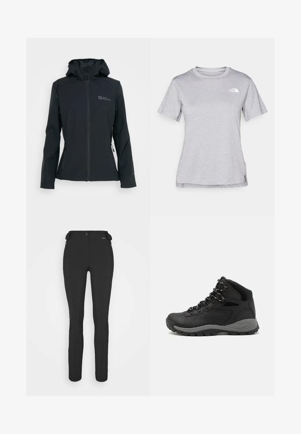 Black softshell jacket with a zip front, adjustable hood, and two zippered pockets. Features a logo on the chest and textured fabric.; Grey short-sleeve t-shirt made of soft, moisture-wicking fabric. Features a crew neck and a small white logo on the upper left.; Black, fitted pants made from a flexible material. Features include a zippered side pocket, articulated knees, and a smooth texture.; Black hiking boot with a mid-top design, featuring a textured upper, gray accents, and durable rubber sole with traction lugs.