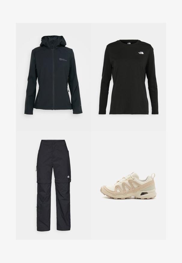 Giacca softshell nera con zip davanti, cappuccio regolabile e due tasche con zip. Presenta un logo sul petto e un tessuto testurizzato.; T-shirt nera a maniche lunghe in cotone con colletto rotondo. Presenta un piccolo logo bianco sul lato sinistro del petto. Design semplice e vestibilità comoda.; Pantaloni cargo in nylon nero con zip rimovibile, polsini regolabili, molteplici tasche e un logo sulla gamba destra. Tessuto liscio e leggero.; Scarpa atletica beige e crema con tomaia in mesh testurizzato, sovrapposizioni supportive e suola in gomma con un motivo a tasselli per la trazione.