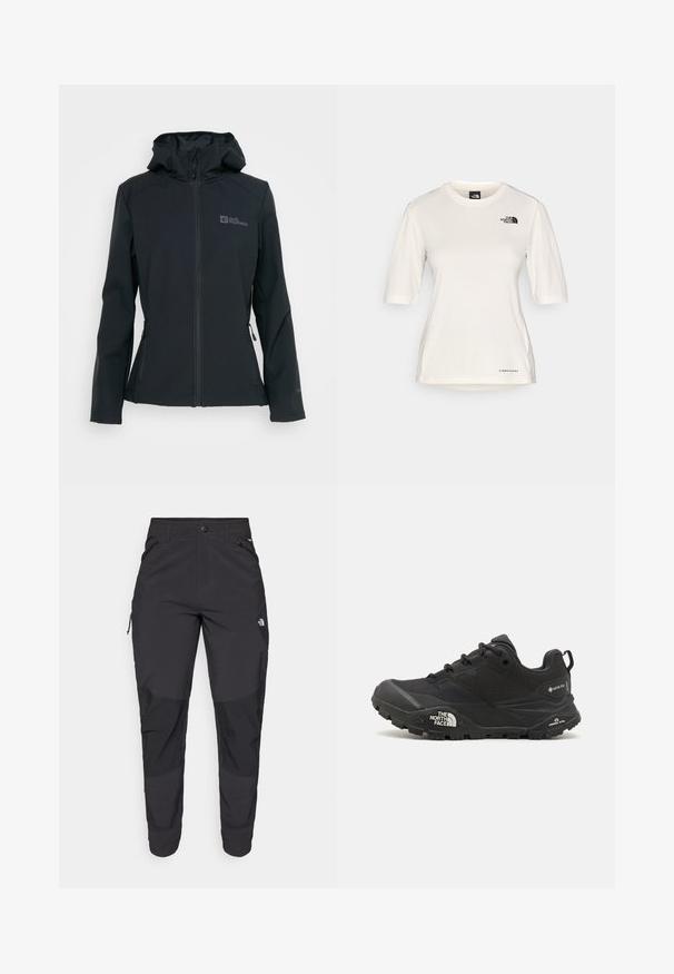 Fekete softshell dzseki, elől cipzárral, állítható kapucnival és két cipzáras zsebbel. Mellkason található logóval és texturált anyaggal készült.; The North Face SHADOW SHORT SLEEVE - Sportfelső - white dune; Fekete kültéri nadrág tartós anyagból. Cipzáros zsebekkel, megerősített térdpanellel és egyenes szabással a mozgékonyságért.; Fekete túrázó cipő texturált felsőrésszel, fűzős záródással és vastag gumitalppal, mely oldalán egy kiemelkedő logó és mintázott talpkialakítás található.
