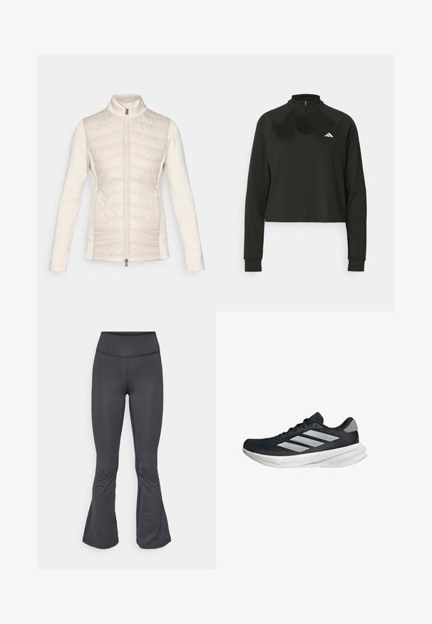 Lagani kremasti zip-up kaput, s kvadratičastim prednjim dijelom s horizontalnim šavovima, glatkim rukavima, visokim ovratnikom i dva bočna džepa.; Crna puloverica s četvrtim patentnim zatvaračem izrađena od glatkog materijala s dugim rukavima, s visokim ovratnikom i bijelim logotipom na lijevoj strani grudi.; Sive tajice s krojem na zvono, napravljene od glatkog, rastezljivog materijala, s visokim strukom i bešavnom izradom.; Crne trkačke tenisice s mrežastim gornjim dijelom, tri srebrne pruge, bijeli srednji sloj i teksturirani potplat. Sadrži podstavljeni ovratnik i zatvaranje s vezicama.