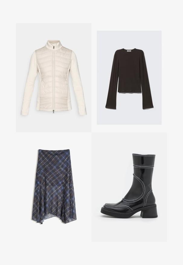 Kevyt, kermaisen valkoinen vetoketjullinen takki, jossa on kokonaan vartalon muotoon ommeltu etuosa vaakasuoralla ompeleella, sileät hihnat, korkea kaulus ja kaksi sivutaskua.; Tummanharmaa pitkähihaista paitaa, joka on valmistettu pehmeästä kankaasta. Siinä on pyöreä pääntie, vartalonmyötäinen istuvuus ja leveät hihat, joissa on sileä pinta.; Mustahuivi hame, jossa on sinisiä ja ruskeita viivoja, virtaava muotoilu, keskipituinen, valmistettu kevyestä kankaasta, jolla on sileä texuuri.; Musta lakattu nahkasaapas nilkkamallissa, jossa on valkoiset ompeleet, pyöreä kärki ja lohkarekorko. Ominaisuuksiin kuuluvat kaarevat muotoilulinjat ja sileä pinta.