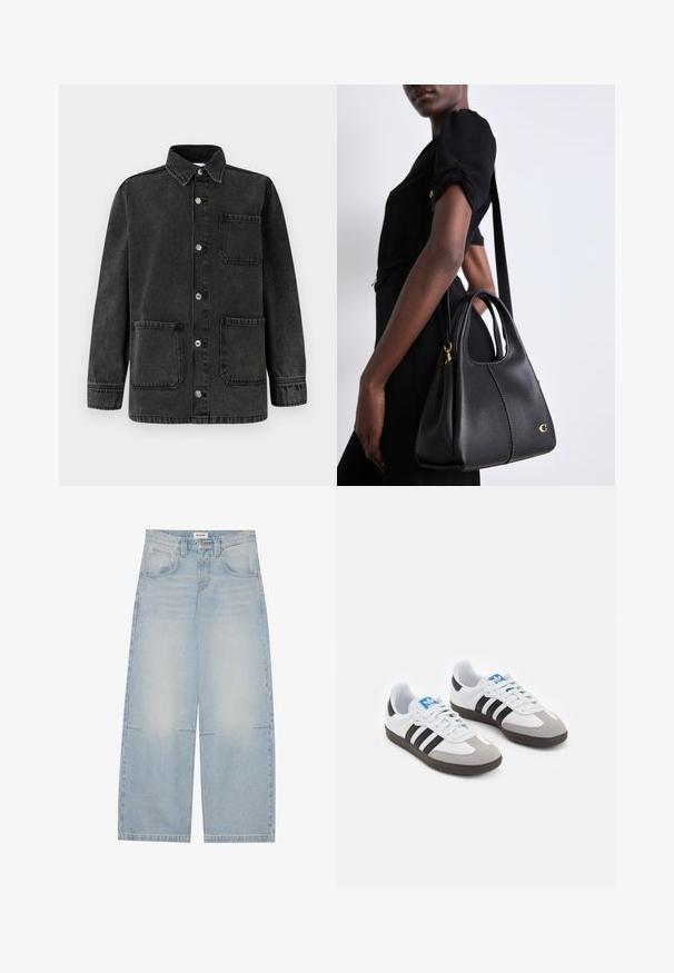 Black denim jacket featuring a collared design, two front pockets, and silver snap buttons. The fabric has a slightly distressed texture.; Two sleeveless bodysuits in olive green and black. Made of smooth fabric with a round neckline and a high-cut leg design.; Light blue wide-leg denim jeans with a high waist, five pockets, and subtle fading; features contrast stitching and a button closure.; Sport shoes with a white leather upper, gray suede toe, and three black stripes. Features a blue logo on the tongue and a textured rubber sole.; Black leather handbag with a hobo shape, featuring a smooth texture, rounded top, and gold hardware accents.