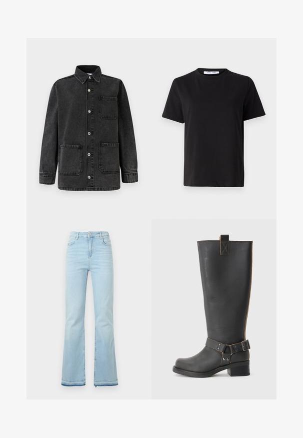 Chaqueta de mezclilla negra con diseño de cuello, dos bolsillos delanteros y botones a presión plateados. La tela tiene una textura ligeramente desgastada.; Camiseta negra de manga corta hecha de algodón suave, con un cuello redondo, corte relajado y una textura lisa. Sin patrones ni gráficos visibles.; Pantalones de mezclilla acampanados de color azul claro, con una cintura alta, bolsillos frontales y un dobladillo sin rematar en los puños para un look casual.; Bota de cuero negro hasta la rodilla con un acabado texturizado, que presenta un acento de hebilla lateral y un tacón bajo. Costura detallada a lo largo de las costuras.