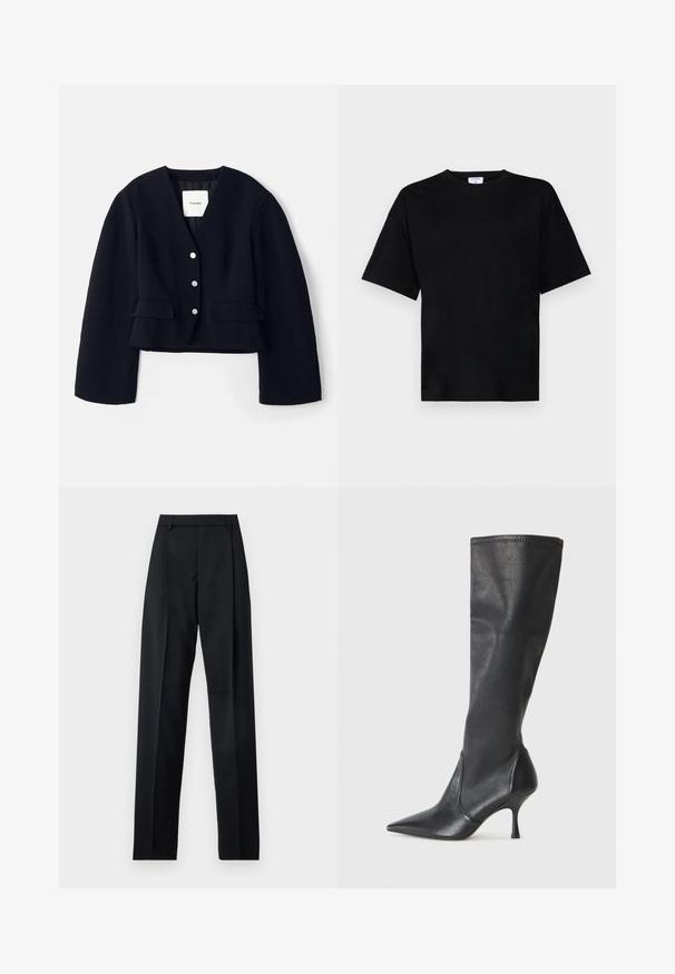 Fekete, rövidített dzseki texturált anyagból, mély V nyakkivágással, öt ezüst gombbal és két zsebre flappal az elején. Bélése van.; Fekete, rövid ujjú, laza szabású póló, puha anyagból készült, kerek nyakkivágással és nincs kiemelkedő minta vagy díszítés.; Fekete nadrág sima anyagból, magas derékkal, széles lábakkal, elülső redőkkel és klasszikus övhurkokkal. Oldalzsebek nem láthatók.; Térd fölötti fekete bőr csizmák hegyes orral és karcsú stiletto sarkal. Simább textúrájúak, jól illeszkedő kialakítással és varrással a tetején.