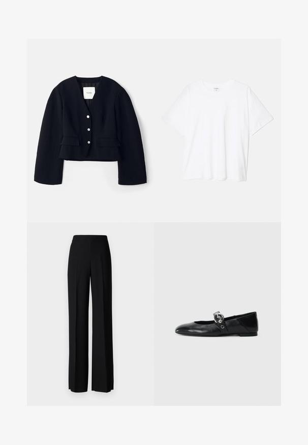 Fekete, rövidített dzseki texturált anyagból, mély V nyakkivágással, öt ezüst gombbal és két zsebre flappal az elején. Bélése van.; Fehér pamut póló rövid ujjal, kerek nyakkivágással, laza fazonnal és varrott szegéllyel. Címke látható a belső nyakrészén.; Fekete, széles szárú nadrág sima tapintással, magas derékkal és középen pliszével. Nincsenek látható minták vagy fém részletek.; Fekete bőr balettcipők, hegyes orral, kör alakú fémbújtatóval ellátott pánttal és lapos talppal.