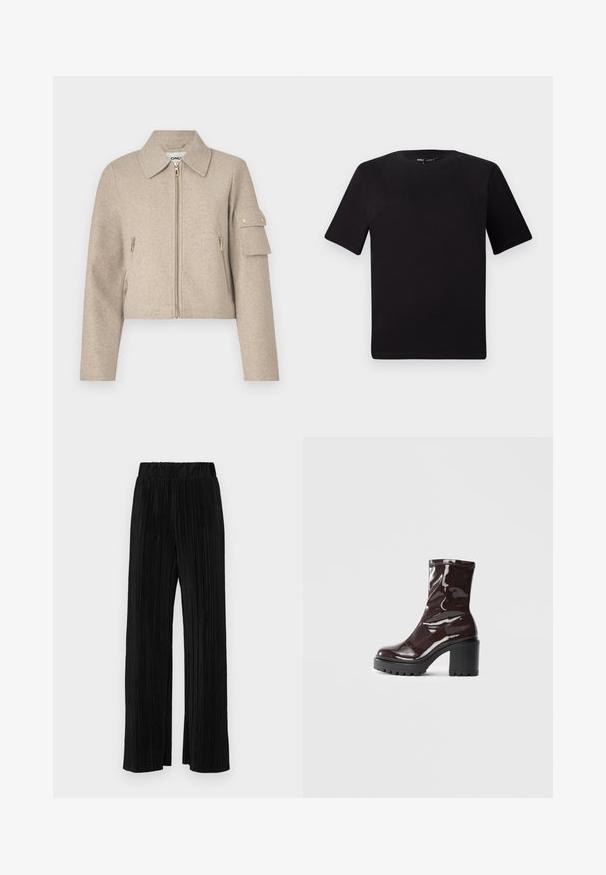 Jachetă scurtă bej cu guler, închidere cu fermoar frontal, buzunare laterale și un buzunar aplicat pe mânecă, cu accente din metal cu ton auriu.; Tricou scurt negru cu mânecă scurtă și guler rotund, realizat dintr-un material de bumbac moale. Design simplu, fără logo-uri sau modele vizibile.; Pantaloni negri plisati cu talie elastică. Prezintă picioare largi și un material neted, texturat, cu dungi verticale.; Botine lucioase burgundy, cu toc gros negru, având o textură netedă și un design simplu. Fără închideri sau modele vizibile.