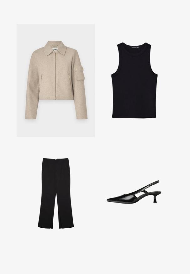 Krémová skrátená bunda s golierom, predným zipsom, postrannými vreckami a nášivkou na rukáve s akcentmi zlatého kovania.; Čierny tank top vyrobený z bavlny, s okrúhlym výstrihom a širokými ramienkami. Hladká textúra so zošitými okrajmi. Klasický, minimalistický dizajn.; Čierne nohavice so strihom rovného strihu, s prednými vreckami a bočnými rozparkami na leme. Vyrobené z mäkkej, hladkej tkaniny. Vhodné na rôzne príležitosti.; Čierne lakované kožené lodičky na podpätku s špicatou špičkou, výrezovým dizajnom na boku a malým štvorcovým podpätkom. Hladký povrch s minimálnymi akcentmi.