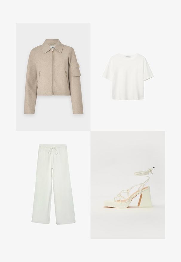 Krémová skrátená bunda s golierom, predným zipsom, postrannými vreckami a nášivkou na rukáve s akcentmi zlatého kovania.; Biela krátkopsová tričko vyrobené z bavlny. Má okrúhly výstrih a voľný strih. Hladká textúra bez viditeľných vzorov alebo akcentov.; Biele nohavice s širokými nohavicami vyrobené z mäkkej tkaniny. Majú elastický pás s šnúrkou a hladký povrch. Žiadne viditeľné vzory ani kovania.; Biele sandále na vysokom opätku s hrubým podpätkom, s pruhovaným dizajnom a viazaním na členku. Hladký povrch s platformou vpredu pre zvýšenú výšku.
