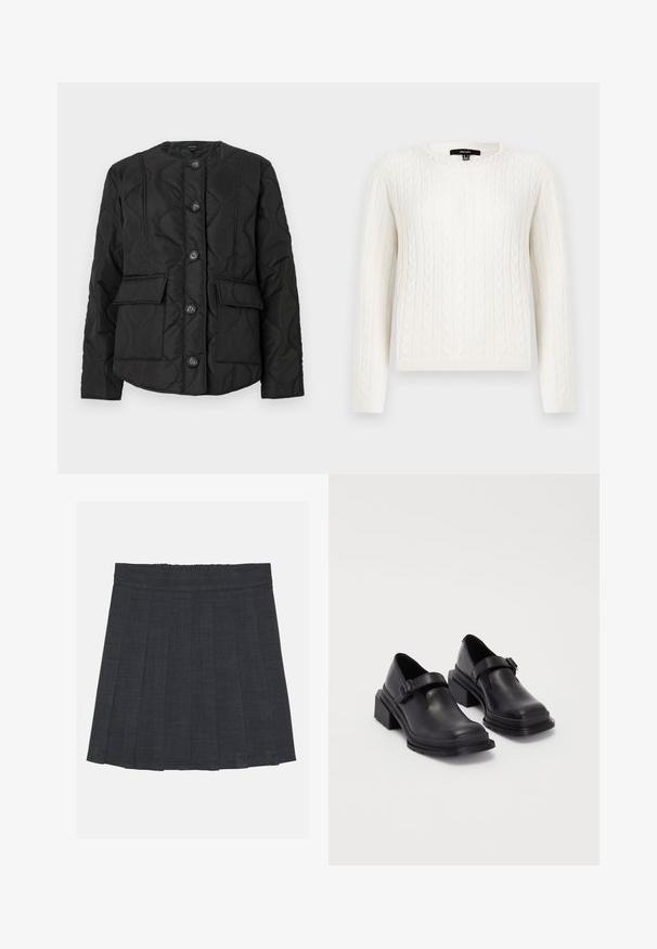 Svart quiltet jakke med rund hals, med seks knapper, to frontlommer og teksturerte søm-mønstre. Glatt stofffinish.; Hvit kabelstrikket genser med lange ermer, rund hals, og dekorativ perleaccent ved kragen. Myk tekstur og tettsittende design.; Mørkegrå plissert skjørt med elastisk midje, med teksturert stoff og en klassisk A-linje silhuett. Passer for hverdagsbruk.; Sorte lærersko med rund tå, flat såle og en rem med spenne-detalj. Kraftig blokkhæl for bedre stabilitet.