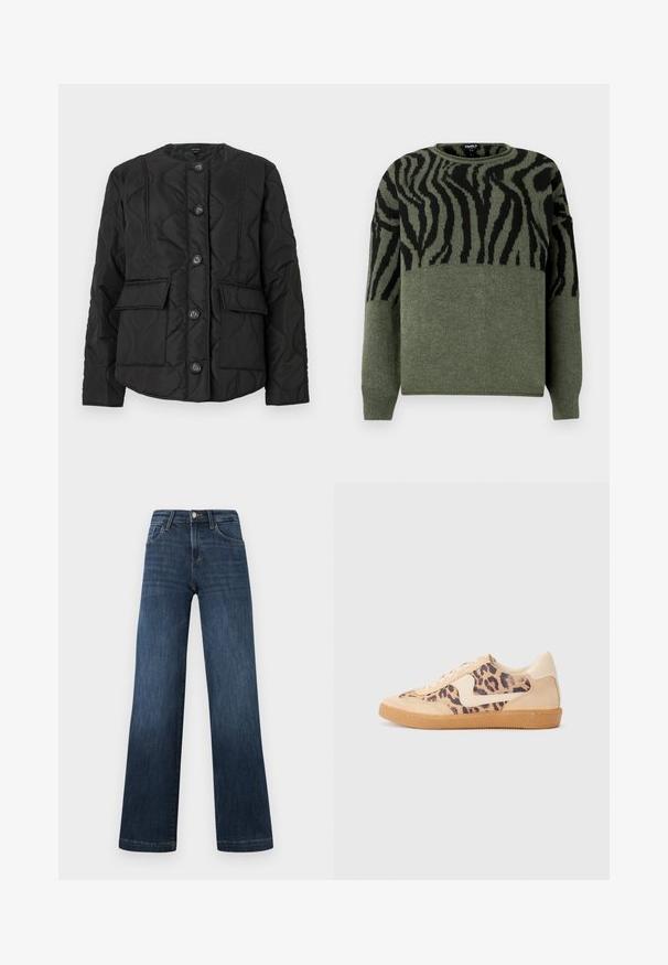 Casaco acolchoado preto com decote redondo, apresentando seis botões, dois bolsos frontais e padrões de costura texturizados. Acabamento de tecido suave.; Sweater com padrão de zebra em verde escuro e preto, textura em malha, decote redondo, mangas longas, apresentando um design contrastante na seção superior.; Jeans em denim azul escuro com um design de perna larga, apresentando cinco bolsos e um fecho frontal com botão. Textura suave e detalhes de costura clássicos.; Sapatilhas com padrão de leopardo, parte superior em camurça bege, sola de borracha castanha e detalhes brancos. Bico redondo e design com atacadores, com um acabamento texturizado.