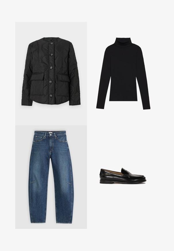 Fekete steppelt dzseki kerek nyakkivágással, hat gombbal, két elülső zsebbel és textúrált varrásmintákkal. Sima anyagú felület.; Fekete garbónyakú, hosszú ujjú felső, bordás anyagból készült, testhez álló fazonnal, magas nyakkal, minták és díszítések nélkül.; Sötétkék farmernadrág egyenes lábbal, elülső zsebekkel, kontrasztöltéssel és enyhén kopott textúrával a lábakon.; Fekete bőr mokaszin lekerekített orral, slip-on kialakítással és finom varrás részletekkel a felsőrészen. Lapos gumitalp.