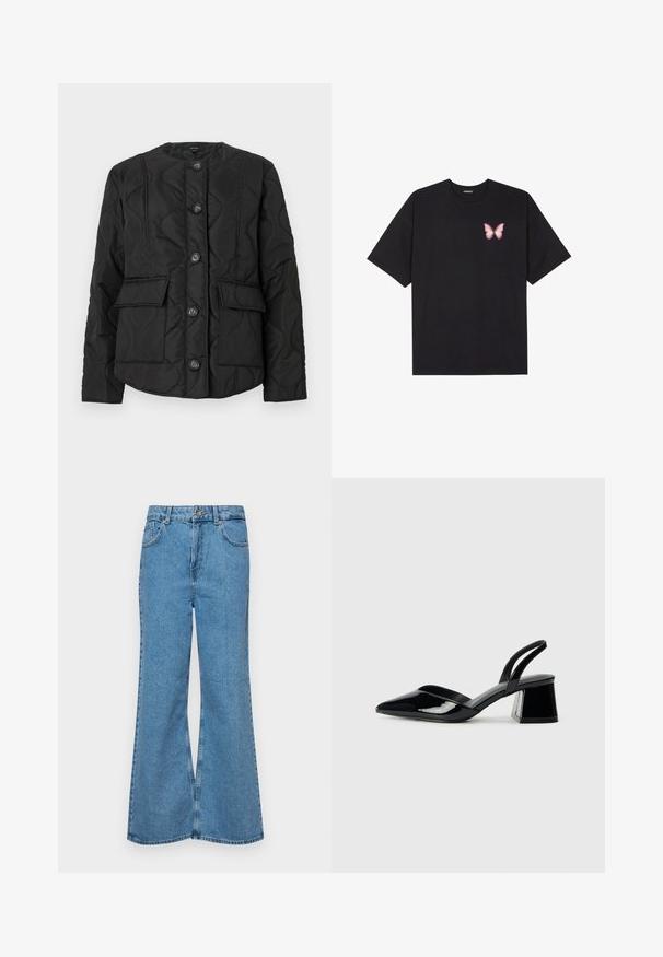 Čierna prešívaná bunda s okrúhlym výstrihom, obsahujúca šesť gombíkov, dve predné vrecká a textúrované švy. Hladká textúra látky.; Čierne bavlnené tričko s krátkymi rukávmi, s malým ružovým motýlikom na ľavej hrudi. Design s okrúhlym výstrihom a uvoľneným strihom.; Svetlomodré rozšírené džínsy vyrobené z denimu, s vysokým pásom, piatimi vreckami a jednopoložkovým zapínaním na gombík. Mäkká textúra s vyblednutým povrchom.; Čierne lakované kožené sandálové podpätky s špicatou špičkou a geometrickým blokovým podpätkom. Disponujú elegantným, minimalistickým dizajnom a hladkým povrchom.