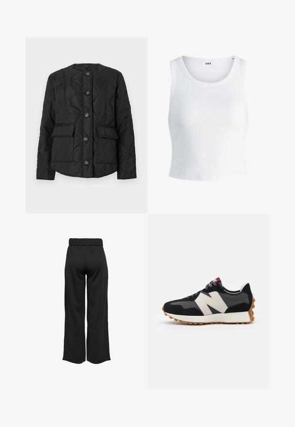 Giacca nera trapuntata con collo rotondo, caratterizzata da sei bottoni, due tasche frontali e motivi di cucitura testurizzati. Finitura del tessuto liscia.; Canottiera bianca a coste con scollatura rotonda, senza maniche e lunghezza cropped. Etichetta con la scritta "JJXX". Tessuto di texture liscia.; Pantaloni neri a gamba larga con cintura elastica, realizzati in tessuto liscio. Presentano un design pulito senza tasche o dettagli di cucitura visibili.; Sneaker in suede nero e grigio con un grande logo "N" color crema, lacci viola e una suola esterna in gomma gommosa texturizzata.