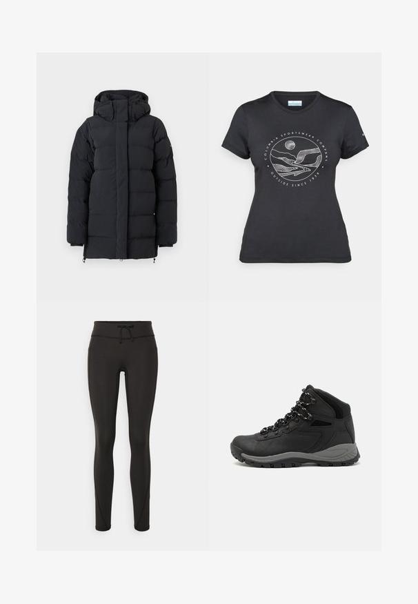 Melna, pildīta ziemas jaka ar augstu apkakli un kapuci, ar garām piedurknēm un priekšējo rāvējslēdzi, kurš ir slēpts ar atloku.; Melnā Columbia T-kreklā ar baltu apļa kalnu un upes kontūru mākslu, kā arī tekstu "Columbia Sportswear Company Outside Since 1938."; Melnas legingi ar augstu jostasvietu, pievilkšanas auklu, gludu tekstūru un pieguļošu dizainu. Iekļautas šuvju detaļas gar sāniem.; Melni pārgājienu zābaki ar vidēju augstumu, ar teksturētu augšdaļu, pelēkiem akcentiem un izturīgu gumijas zoli ar saķeres izvirzījumiem.