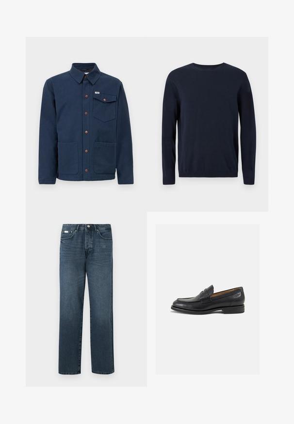 Modra bombažna jakna s ovratnikom, sprednjimi gumbi, dvema velikima sprednjima žepoma in žepom na prsih. Ima rjave kovinske dodatke.; Temno modra pletena majica z dolgimi rokavi, krožnim izrezom in rebrastimi manšetami ter robom. Ima majhen logotip na prsih.; Temno modri džins hlače z ravnim krojem, petimi žepi, obrobo za pas in zadrgo. Gladek material z nežnimi podrobnostmi zbledenja.; Črne usnjene loafers cipele z gladko površino, zaobljenim nosom in dekorativnim šivom na vampu. Nizek zloženi peti in rahla sijaj.