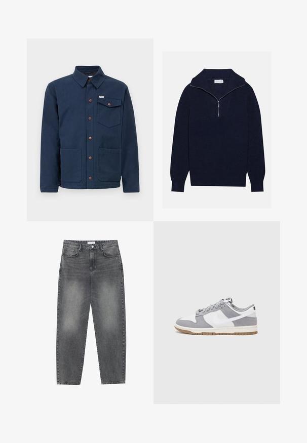 Tamsiai mėlynas medvilninis švarkas su apykakle, priekiniais mygtukais, dviem didelėm priekinėm kišenėm ir krūtinės kišene. Pabrėžia rudus metalinius akcentus.; Tamsiai mėlynas megztinis su pusiau užtrauktuku, su įribuoto paviršiaus tekstūra ir V formos dizainu priekyje. Ilgos rankovės ir prigludęs apatinis kraštas.; Aukštai juosmeniu, laisvai krentančios džinsai iš blukusių juodų džinsų. Savybės: penki kišenės, diržo kilpos ir švari, tiesi kojų dizainas.; Pilka ir balta sportinė avalynė su zomšiniu ir odiniu viršumi, suapvalintu pirštu, plokščiomis raištelėmis ir guminėmis padais su guminiu akcentu.