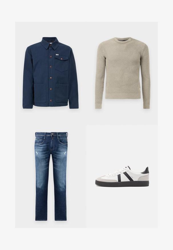 Tummansininen puuvillatakki, jossa on kaulus, etunapit, kaksi suurta etutaskua ja rintatasku. Varustettu ruskeilla metallikoristeilla.; Beige neulepaita, jossa on pitkät hihat, ribbireunukset hihansuissa ja helmassa, pyöreä kaula-aukko, teksturoitu kuvio, valmistettu pehmeästä materiaalista.; Sininen farkkuhousut, joissa on normaali istuvuus, haalistunut pesu, pieni kuluminen, viisi taskua ja kontrastiväriset ompeleet. Napitus vyötäröllä.; Valkoiset lenkkarit mustilla ja harmailla yksityiskohdilla, joissa on teksturoitu harmaa kärki, musta kumipohja ja litteät valkoiset nauhat. Siisti muotoilu, minimalistinen tyyli.