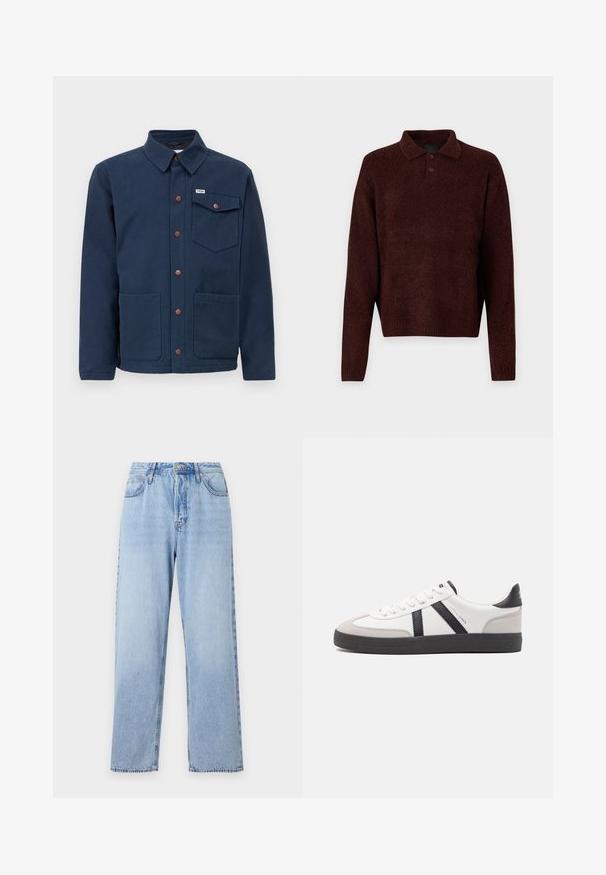 Navy zila kokvilnas jakas ar apkakli, priekšējiem pogām, divām lielām priekšējām kabatām un krūšu kabatu. Iezīmēts ar brūniem metāla akcentiem.; Brūns adīts džemperis ar polo apkakli, trīs pogām pie kakla un garām piedurknēm. Mīksta tekstūra, ribota apakšmala un piedurkņu gali.; Gai zilu džinsi ar taisnu piegriezumu, augstu vidukli, piecām kabatām un augšējo pogu aizdari. Iezīmēts ar izbalējušu mazgāšanu un kontrastējošu šuvju. ; Baltas sneakeris ar melniem un pelēkiem akcentiem, kuram ir teksturēts pelēks purngals, melna gumijas zole un plakanas baltas šņores. Tīrs dizains, minimālisma stils.