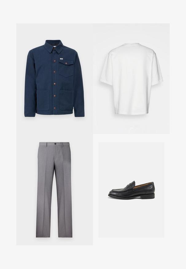 Sötétkék pamut dzseki gallérral, elől gombokkal, két nagy elülső zsebbel és egy mellzsebből. Barna fém részletekkel rendelkezik.; Fehér, rövidujjú póló, laza szabással, kerek dekoltázzsal, sima pamut anyagból, díszítés nélküli hátrésszel, egyenes szegéllyel, minta és kiegészítők nélkül.; Szürke, szabott nadrág lapos elülső résszel, két oldalsó zsebbel és egy gombos zárral. Simább textúra finom csíkos mintával.; Fekete bőr loaferek sima felülettel, lekerekített orral és díszítő varrással a lábfejen. Alacsony, réteges sarkú és enyhe fényű.