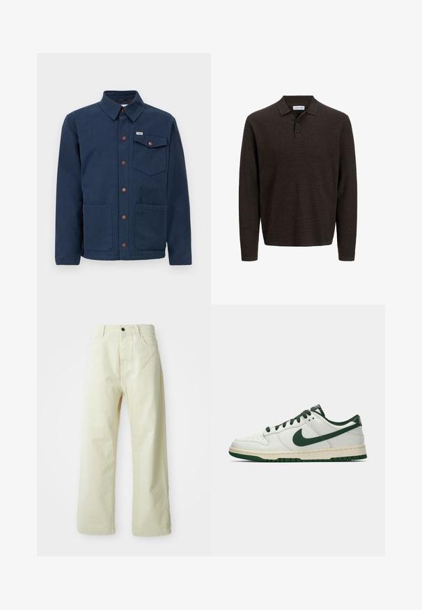 Chaqueta de algodón azul marino con collar, botones frontales, dos grandes bolsillos frontales y un bolsillo en el pecho. Presenta detalles de metal marrón.; Polo de manga larga marrón hecho de tela texturizada. Presenta un cuello clásico y tres botones en la parte delantera. Corte casual con puños acanalados.; Pantalones de mezclilla de color amarillo claro y de pierna ancha, con cierre de botón frontal, cinco bolsillos y un diseño recto, sin adornos.; Zapatilla de deporte blanca de caña baja con el swoosh de Nike en verde oscuro, lazadas y acentos en la suela, mostrada de perfil sobre un fondo blanco liso.