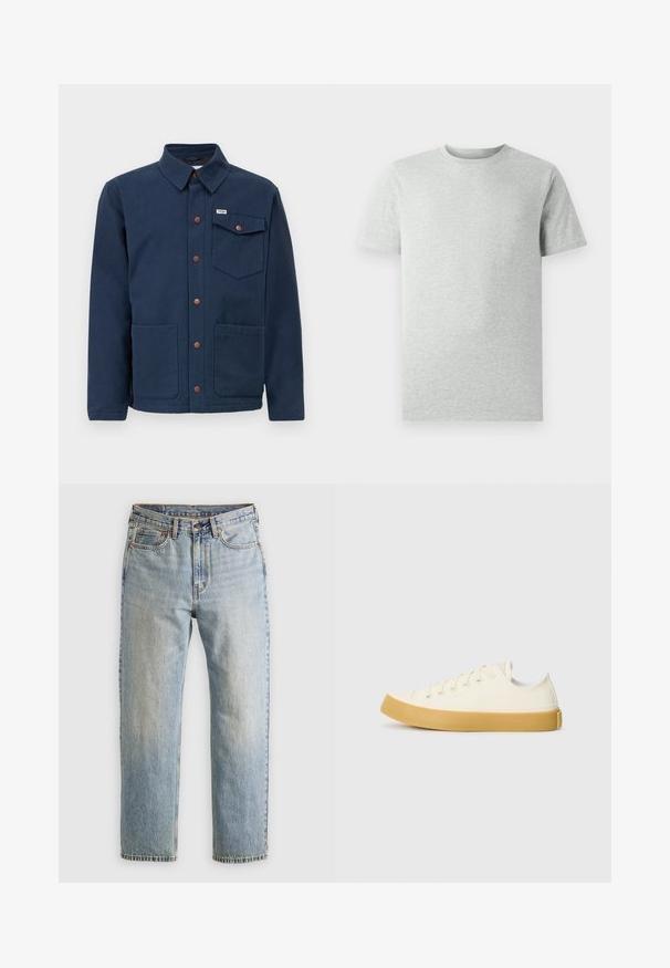 Modra bombažna jakna s ovratnikom, sprednjimi gumbi, dvema velikima sprednjima žepoma in žepom na prsih. Ima rjave kovinske dodatke.; Enostavna svetlosiva kratka majica s kratkimi rokavi in krožnim ovratnikom, prikazana na belem ozadju, sprednji pogled brez vidnih logotipov ali vzorcev.; Svetlo modri džins hlače z visokim pasom, sprednjim gumbom, zadrgo in petimi žepi, laid flat na nevtralni podlagi.; Platnene superge v off-white barvi z okroglim nosom, z bež gumijastimi podplati in petimi odprtinami za vezalke, z zrnato površino na zgornjem delu.