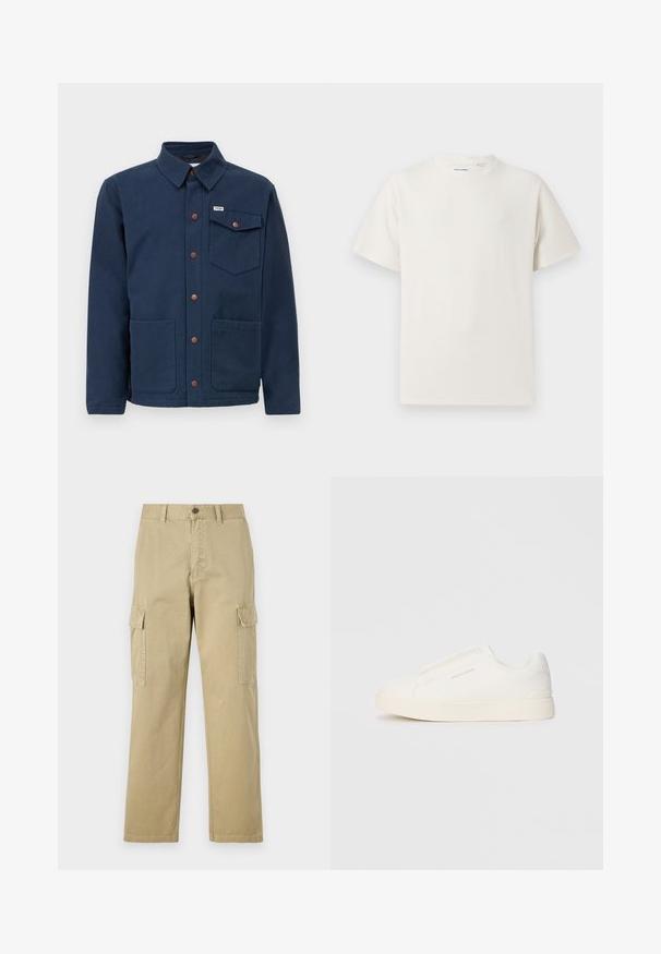 Giacca in cotone blu navy con colletto, bottoni frontali, due grandi tasche anteriori e una tasca sul petto. Presenta dettagli in metallo marrone.; T-shirt bianca a maniche corte in texture a coste. Girocollo, vestibilità rilassata, senza modelli o accenti visibili. Design semplice e versatile.; Pantaloni cargo beige in cotone, dotati di due tasche laterali, chiusura con bottone e gamba dritta con tessuto leggermente texture.; Sneakers bianchi slip-on con superficie texturizzata, suola spessa e design minimalista. Presentano il logo del marchio sul lato.