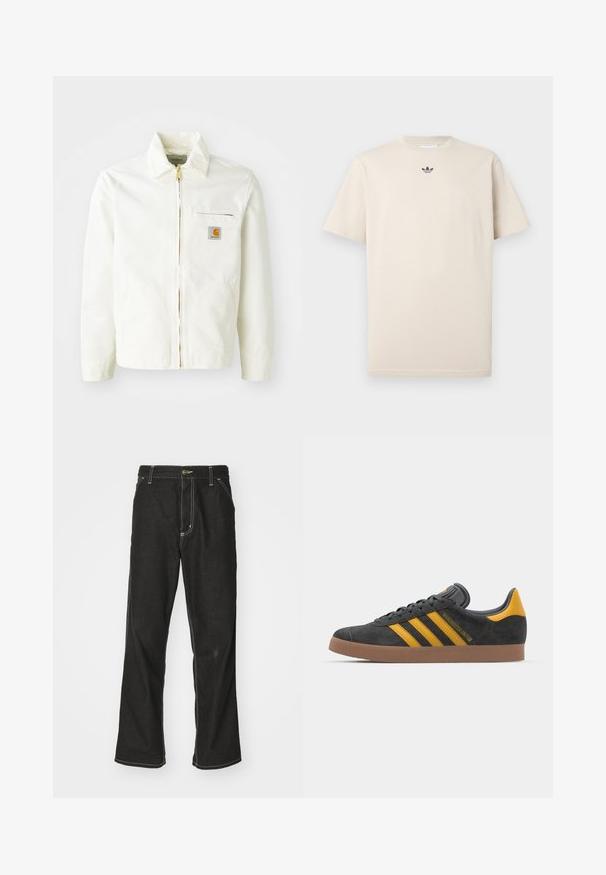 Hvid bomuldsjakke med krave, guld lynlås og brystlomme med logo-patch. Inkluderer sidelommer og en afslappet pasform.; Beige bomulds T-shirt med rund hals, korte ærmer og et lille mørkt logo på brystet. Glat tekstur og afslappet pasform.; Sorte denimjeans med løs pasform, der har kontrasterende hvid syning, en knaplukning og et lige ben-design.; Sort suedet sneaker med gule accenter, der har tre striber og en brun gummisål. Inkluderer en polstret tunge for komfort.