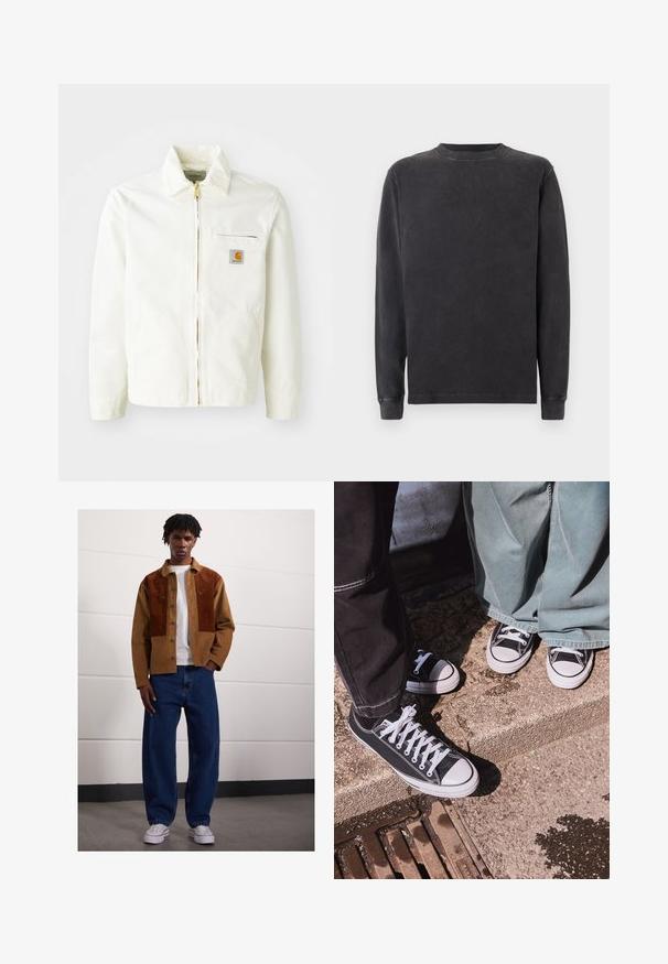 Hvid bomuldsjakke med krave, guld lynlås og brystlomme med logo-patch. Inkluderer sidelommer og en afslappet pasform.; Langærmet crewneck sweatshirt i mørkegrå, lavet af blød bomuldsblanding. Har ribbede manchetter og halsudskæring med en glat, let struktureret overflade.; Mand, der står indendørs iført en brun cordurojjakke med rustfarvede pletter, hvid t-shirt, løse blå jeans og hvide sneakers.; Sorte canvas low-top sneakers med hvide gummitåspidser og snørebånd, parret med brede grønne denim bukser, på en tekstureret stensoverflade.