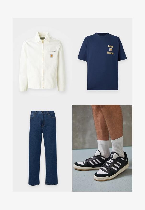 Jaqueta de algodão branca com gola, fecho dourado e bolso no peito com um patch de logotipo. Inclui bolsos laterais e um corte descontraído.; T-shirt de algodão azul-marinho com mangas curtas, apresentando texto dourado "Carhartt University" e um emblema no lado esquerdo do peito.; Jeans de denim azul escuro, de perna reta, com bolsos frontais e fecho de botão, exibidos sobre um fundo branco liso.; Ténis em preto e branco com upper em camurça e couro, apresentando três riscas brancas, um toe perfurado e uma sola em borracha de goma.