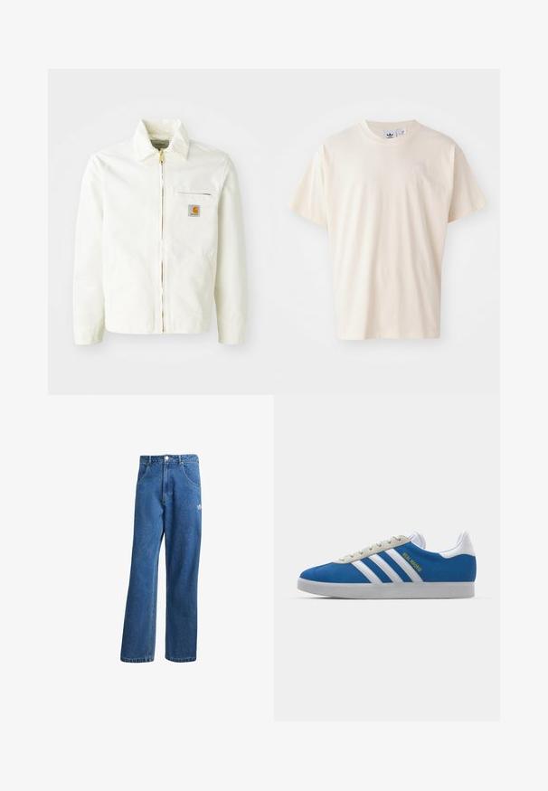Biely bavlnený kabátik s golierom, zlatým zipsom a náprsníkom so znakovou nášivkou. Obsahuje bočné vrecká a voľný strih.; Krémové bavlnené tričko s okrúhlym výstrihom a krátkymi rukávmi; má malé, svetlého odtieňa logo na hrudi.; Modré riflové nohavice s vysokým pásom a širokým strihom, s prednými vreckami, pútkami na opasok, zapínaním na gombík a malým logom Adidas na pravej stehne.; adidas Originals ADIDAS GAZELLE SHOES - Halové kopačky - real madrid/bluebird/footwear white/crew yellow