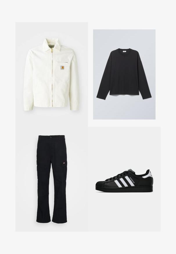 Hvit bomullsjakke med krage, gullglidelås og brystlomme med logo-patch. Inkluderer sidelommer og en avslappet passform.; Svart langermet T-skjorte laget av myk stoff. Har rund hals og avslappet passform. Sømdetaljer på skuldrene, minimalistisk design.; Svarte cargo bukser med rett ben-design, laget av slitesterk stoff, med sidelommer og et patch-logo på venstre side.; Svart Adidas Superstar sneakers med hvite striper, skalltå og "Superstar" tekst på siden, vist i sideprofil på hvit bakgrunn.