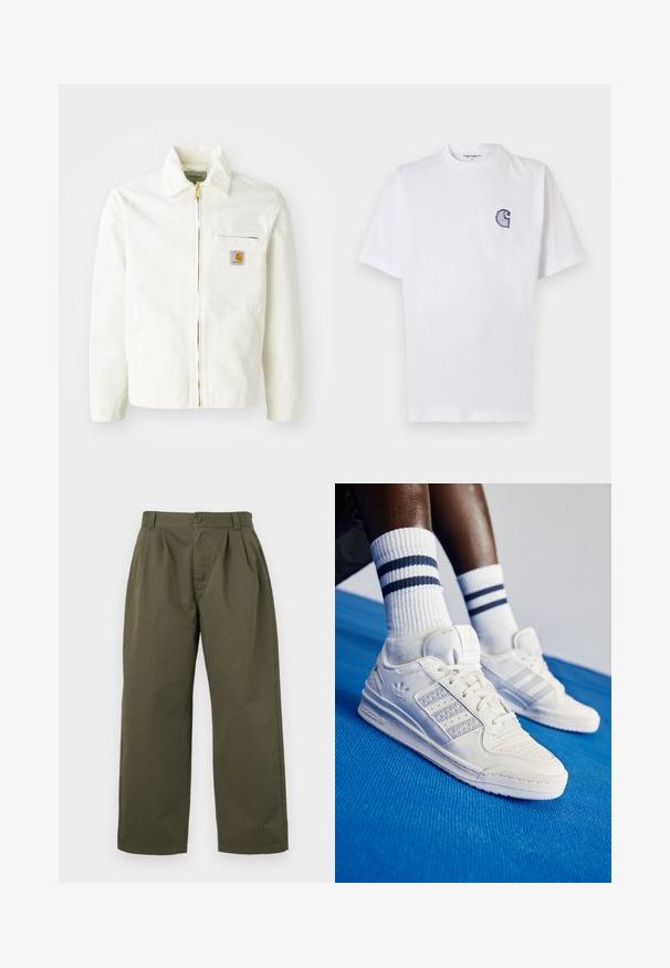 Biała bawełniana kurtka z kołnierzykiem, złotym zamkiem błyskawicznym i kieszenią na piersi z naszywką z logo. Zawiera kieszenie boczne i ma luźny fason.; Biała bawełniana koszulka z krótkimi rękawami, okrągłym dekoltem i małym, niebieskim haftowanym logo "C" na lewej stronie klatki piersiowej.; Zielonooliwkowe bawełniane spodnie, o prostym kroju, z plisami z przodu i z zapięciem na guzik w talii. Brak widocznych kieszeni.; Białe skórzane trampki z perforowanymi akcentami, trzema metalicznymi paskami i teksturowaną boczną panelą. Noszone z białymi skarpetkami z niebieskimi paskami.