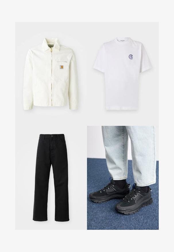 White cotton jacket with a collared neck, gold zipper, and chest pocket featuring a logo patch. Includes side pockets and a relaxed fit.; White cotton t-shirt with short sleeves, round neckline, and a small, embroidered blue "C" logo on the left chest area.; Black denim pants with a straight cut, featuring front pockets, a zip fly, and a single top button. Textured fabric with a matte finish.; Black athletic shoes with textured fabric and rubber soles, featuring elastic laces and a blue accent on the heel. Worn with light denim pants.