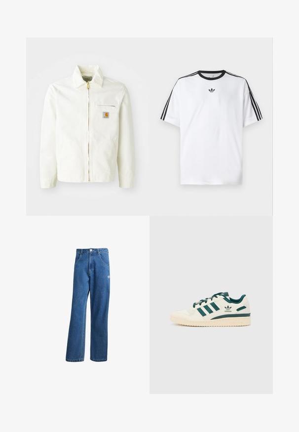 Valge puuvillane jakk, millel on kaelus, kuldne tõmblukk ja rinnatasku, millel on logo kleebis. Sisaldab küljetaskut ja on lõdva lõikega.; Valge puuvillane T-särk, millel on must ümmargune kaelus ja kolm musta triipu igal õlal. Rinnal väike must logo.; Sinine kõrge vöökohaga avar jakkidega teksapükse, millel on ees taskud, vöökoharingid, nupuga sulgemine ja väike Adidas'i logo paremal reiel.; Valged tossud roheliste aktsentidega. Omab kolme rohelise triibuga, tekstureeritud varbakaitset ja logo küljel. Kummist tallaga, millel on tekstureeritud muster.