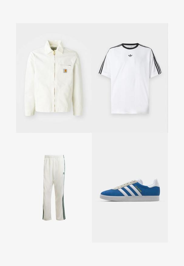 Hvid bomuldsjakke med krave, guld lynlås og brystlomme med logo-patch. Inkluderer sidelommer og en afslappet pasform.; Hvid T-shirt lavet af bomuld, med en sort rund halsudskæring og tre sorte striber på hver skulder. Lille sort logo på brystet.; Hvide atletiske bukser med grønne sidelister, elastisk talje og et logo på den øverste venstre side. Fremstillet af letvægtsstof.; adidas Originals GAZELLE - Indendørsfodboldstøvler - real madrid/bluebird/footwear white/crew yellow