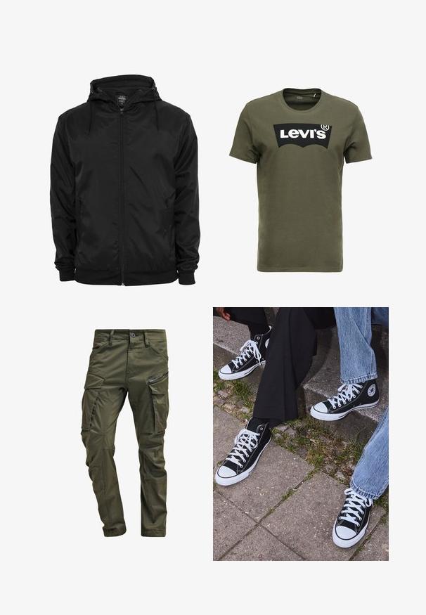 Svart lett jakke laget av skinnende materiale, med hette, frontglidelås og elastiske mansjetter med myk innvendig fôr.; Oliven grønn bomulls t-skjorte med en stor svart Levi's-logo på forsiden. Klassisk crewneck og korte ermer, glatt tekstur.; Olivengrønne cargo-bukser lavet af robust bomuld. Har flere lommer, en lynlåslomme på siden og tætsiddende ben med en let struktureret overflade.; Sorte høyre sneakers i kanvas med hvite gummisåler og snøringer, med et rundt logo på siden og kombinert med denim og sorte bukser.