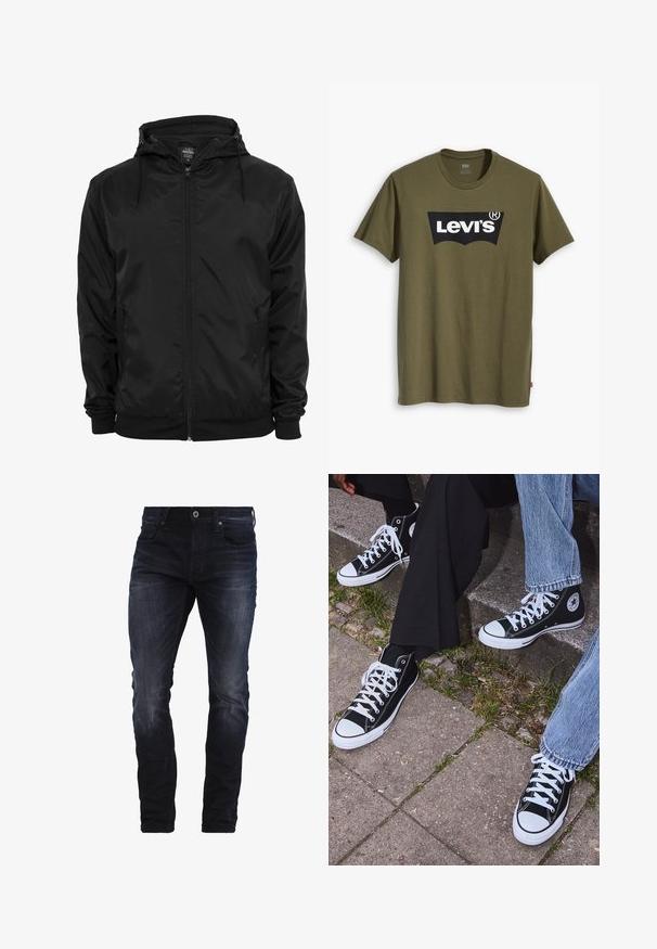 Czarna lekka kurtka wykonana z błyszczącego materiału, z kapturem, przednim zamkiem błyskawicznym i elastycznymi mankietami oraz miękką podszewką.; Bawełniany t-shirt w oliwkowej zieleni z dużym czarnym logo Levi's w kontrastowym, półokrągłym kształcie na piersi. Regularny krój.; Ciemnoniebieskie dżinsy slim fit z lekkim wyblaknięciem na udach i kolanach, z przednimi kieszeniami, paskami na pasek i zapięciem na guzik.; Czarne wysokie trampki z kanwy z białymi gumowymi podeszwami i sznurówkami, z okrągłym logo z boku, w zestawie z dżinsami i czarnymi spodniami.