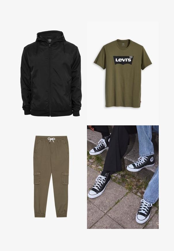 Giacca leggera nera realizzata in materiale lucido, dotata di cappuccio, chiusura frontale con zip e polsini elastici con un morbido rivestimento interno.; T-shirt di cotone verde oliva con un grande logo Levi's nero in una forma semi-arcuata a contrasto sul petto. Vestibilità regolare.; Pantaloni cargo khaki con elastico in vita e cordino, dotati di tasche laterali e caviglie cuffiate. Realizzati in un materiale leggero e testurizzato.; Sneakers alti neri in tela con suole e lacci bianchi, dotati di un logo circolare di lato e abbinati a pantaloni in denim e neri.